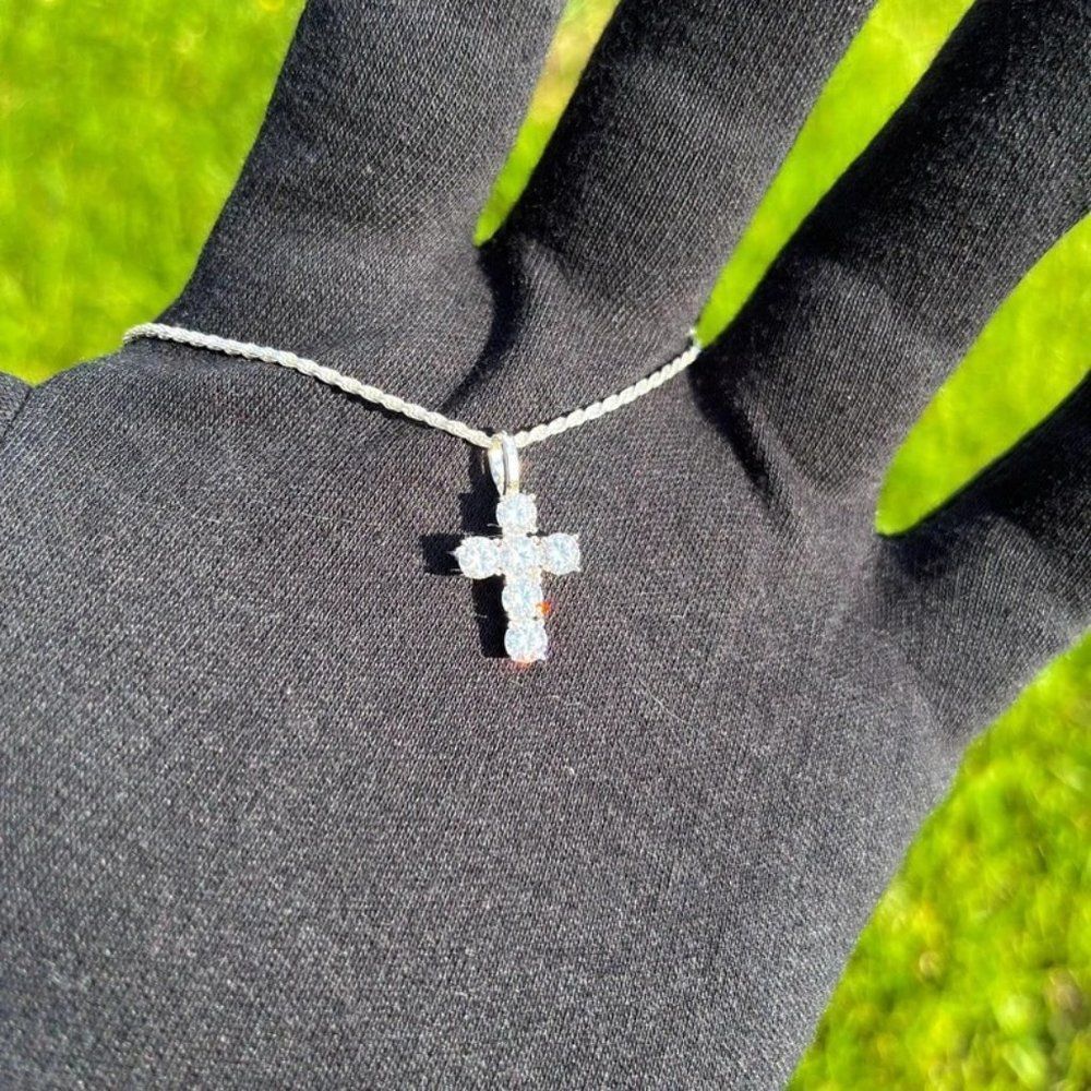 1.8ct Moissanite Diamond Cross Chain Pendant Necklace Solid 925 Sterling Silver